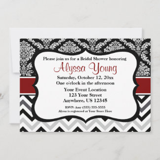 Black Burgundy Red Damask Chevron Invitation