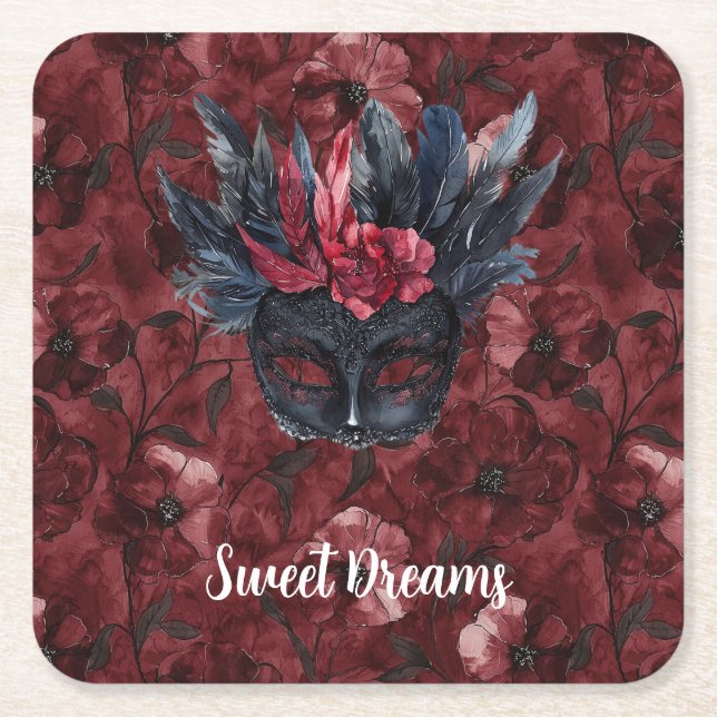 Black Burgundy Red Feathers Mask Bridal Shower Square Paper Coaster (Front)