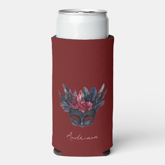 Black Burgundy Red Feathers Mask Seltzer Can Cooler (Seltzer Front)