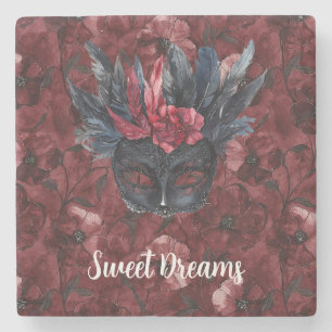 Black Burgundy Red Feathers Mask Stone Coaster