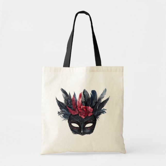 Black Burgundy Red Feathers Mask Tote Bag (Front)