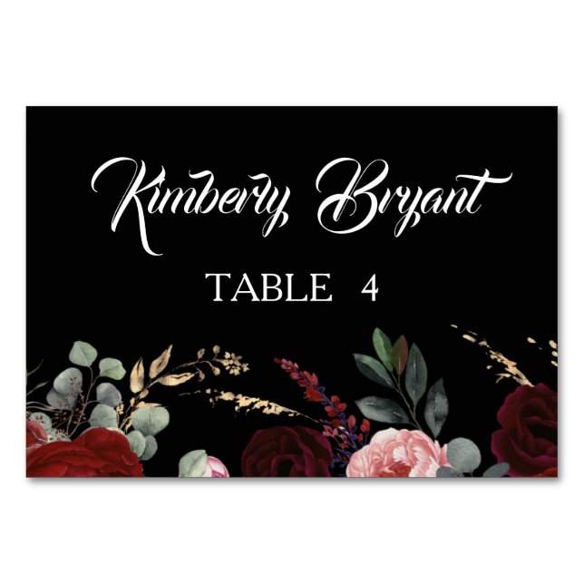 Black Burgundy Red Floral Individual Names Place Table Number (Front)