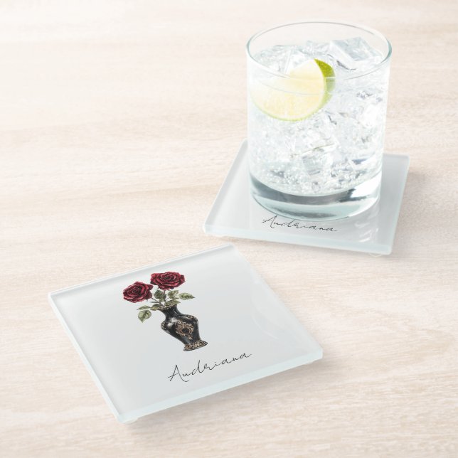 Black Burgundy Red Floral Vase Glass Coaster (Angled)