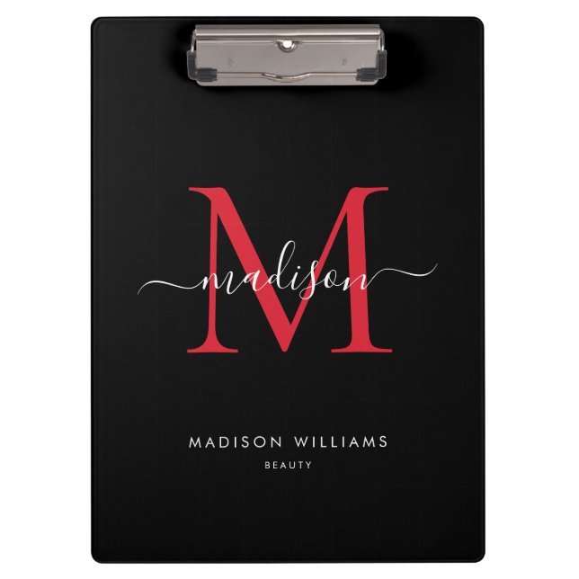Black Burgundy Red Monogram Elegant Script Name Clipboard (Front)