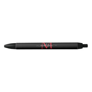 Black Burgundy Red Monogram Elegant Script Name Ink Pen