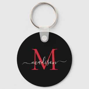 Black Burgundy Red Monogram Name Elegant Script Keychain