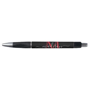 Black Burgundy Red Monogram Script Name Stylish Pen