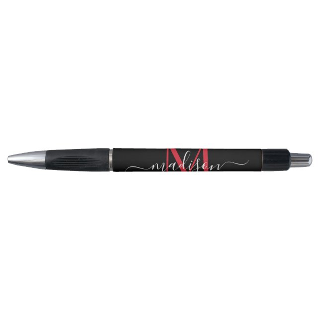 Black Burgundy Red Monogram Script Name Stylish Pen (Front)