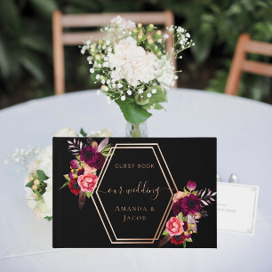 Black burgundy rose gold geometric floral wedding  guest book