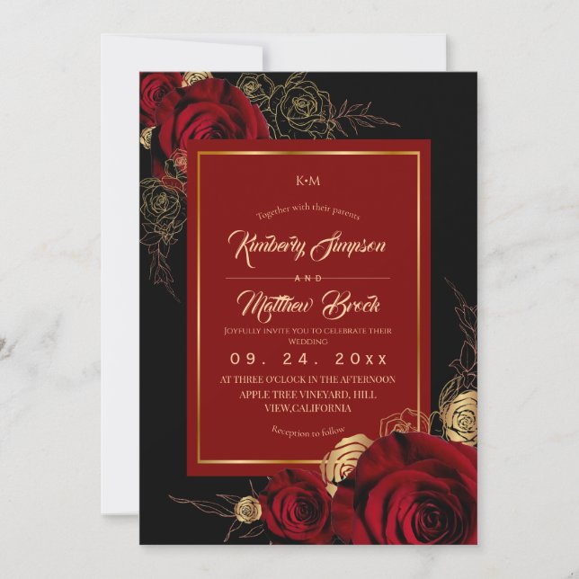 Black Burgundy Roses Boho Wedding Invitation (Front)