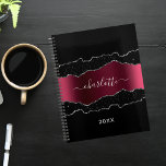 Black burgundy silver agate marble glitter 2025 planner<br><div class="desc">Black,  burgundy and faux silver,  agate,  marble stone print as background. Personalize and add your name and a year. The name is written with a modern hand lettered style script.</div>