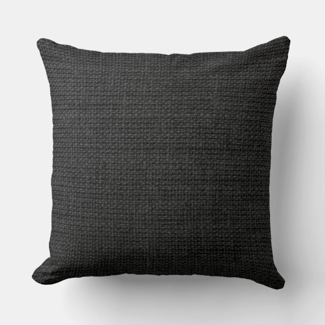 Black Burlap Linen Rustic Jute Throw Pillow (Front)