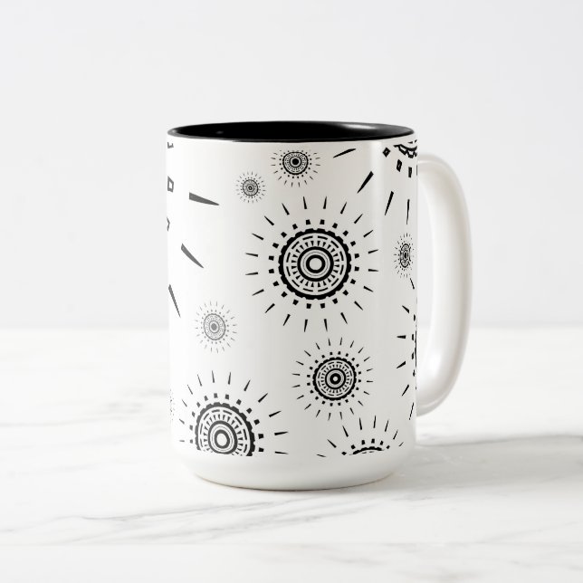 Black Burst Patterns on White Two-Tone Coffee Mug (Front Right)