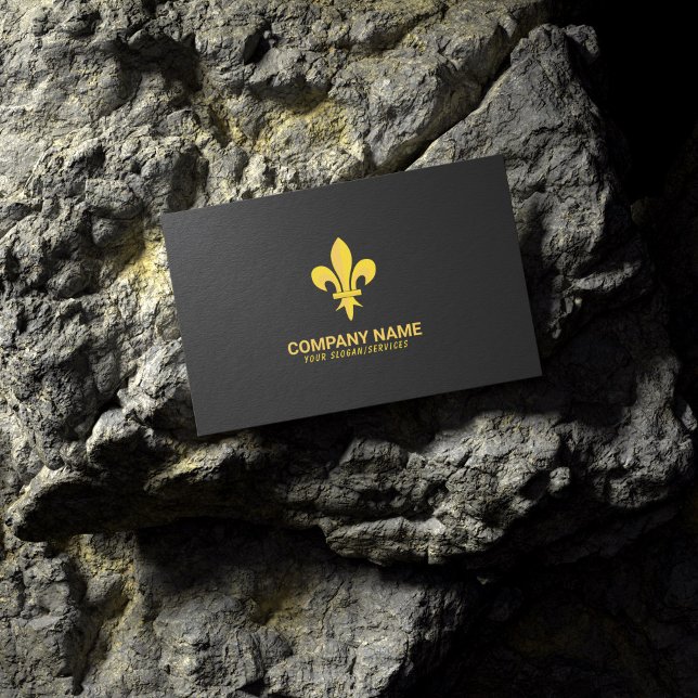 Black Business Card with Gold Fleur de Lis (Gold Fleur de Lis on Black Business Card lying on a rock)