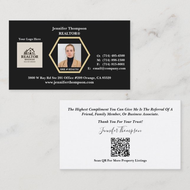 Black Business Card with Gold Hexagon Outline (Front/Back)
