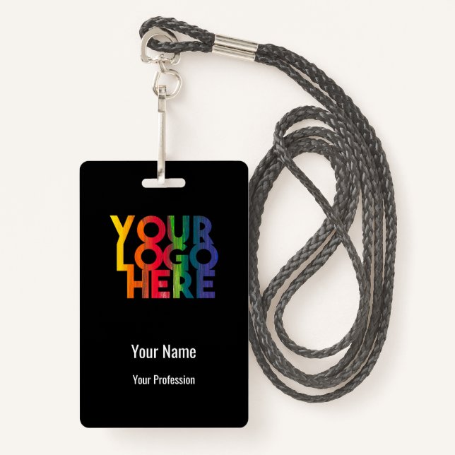 Black Business Logo Custom Employee Barcode Name Badge (Front with Lanyard)