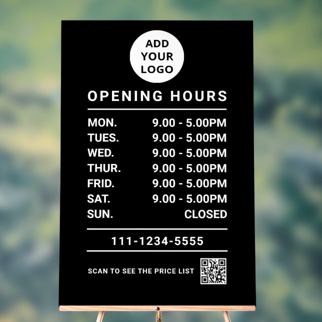Black Business Opening Hours logo and qr code Acrylic Sign (Neutral)