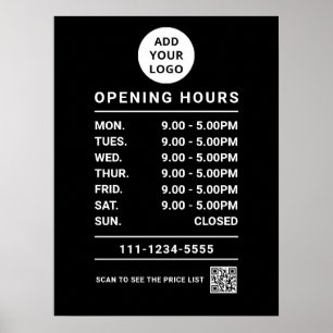 Black Business Opening Hours logo and qr code Poster