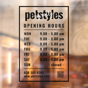 Black Business Opening Hours Logo and QR Code Window Cling