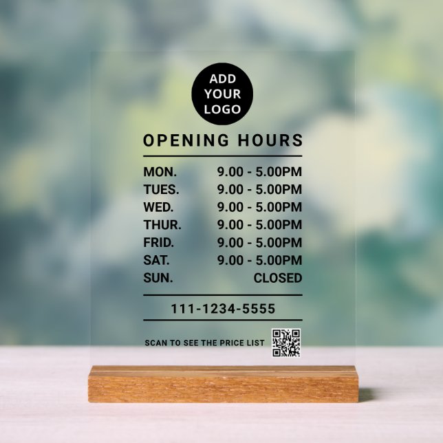 Black Business Opening Hours logo qr code Acrylic Sign (Neutral)