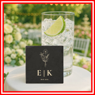 Black & Butter Yellow Wildflower Monogram Wedding Stone Coaster