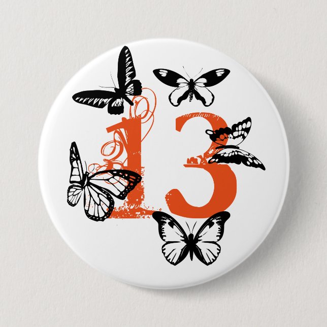 Black butterflies on orange '13' button. 3 inch round button (Front)