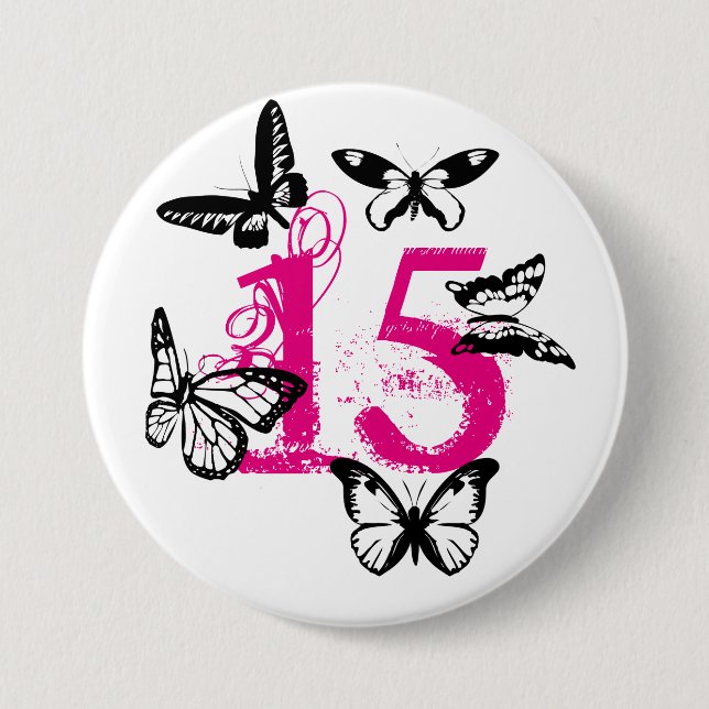 Black butterflies on pink '15' button. 3 inch round button (Front)