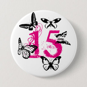 Black butterflies on pink '15' button. 3 inch round button
