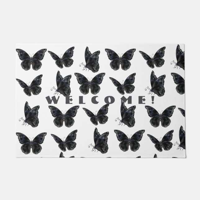 Black Butterflies Welcome Doormat (Front)
