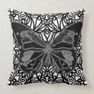 Black Butterfly Black & White Swirls Pillow