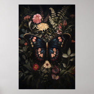 Black butterfly in dark flower garden, moody moth poster