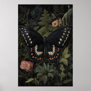Black Butterfly In Dark Flower Garden, Moody Moth Poster