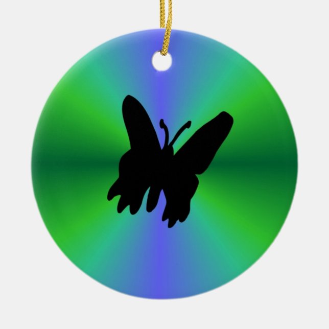 Black Butterfly on Blue Green Rainbow Ceramic Ornament (Front)