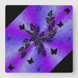 black Butterfly on pink purple Rainbow Square Wall Clock