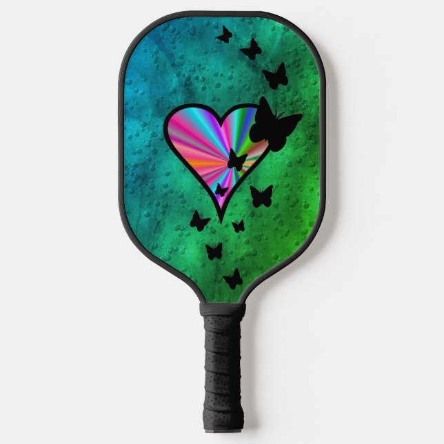 Black Butterfly on Rainbow Heart Pickleball Paddle (Front)
