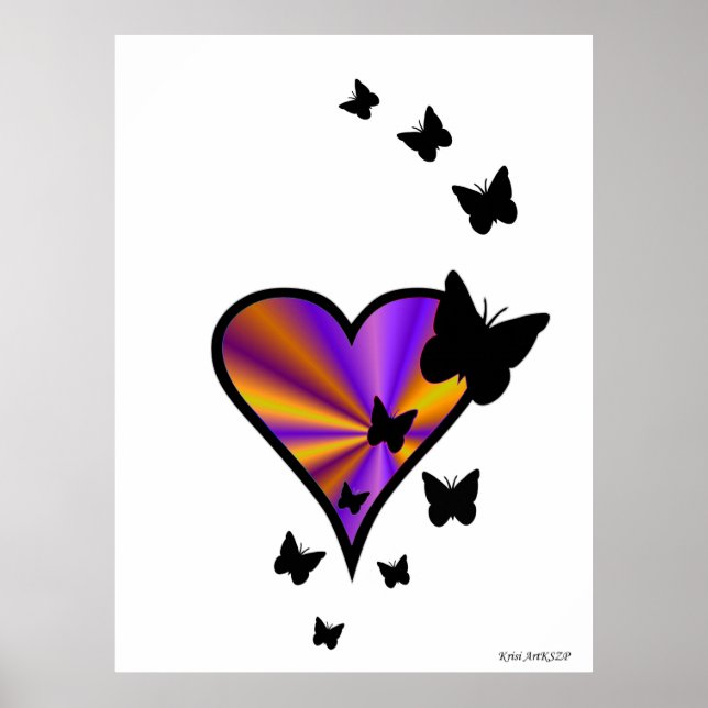 Black Butterfly on Rainbow Heart Poster (Front)
