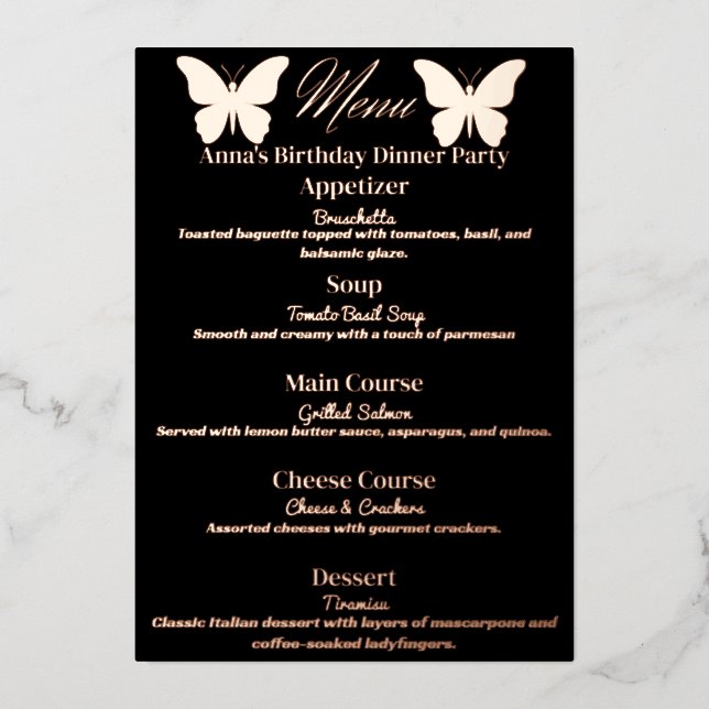 Black Butterfly-Themed Birthday Dinner Party Menu (Front)
