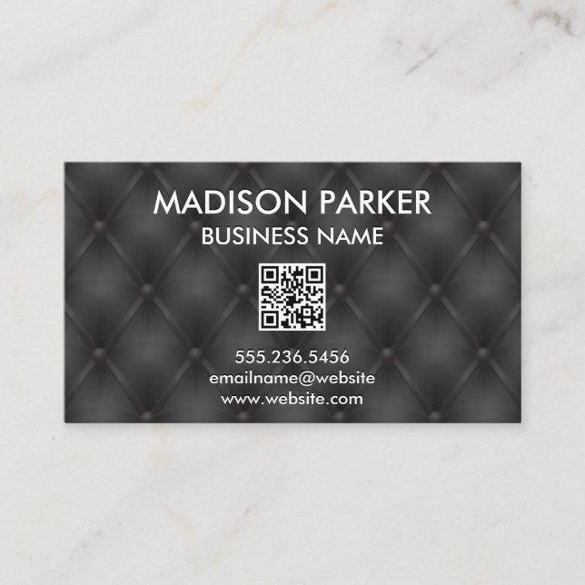 Black Button Upholstered Background | QR Label Business Card (Front)