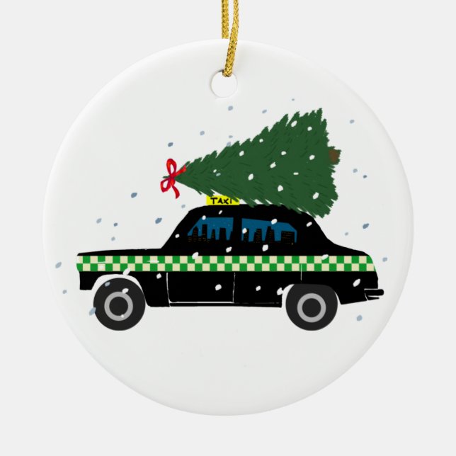 Black Cab Taxi Christmas Tree Drawing Snow  Ceramic Ornament (Front)