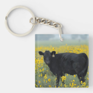 Black Calf in a Field of Sunflowers Keychain