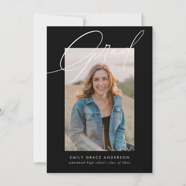 Black Calligraphy Photo Budget QR Code Graduation Invitation (Front)