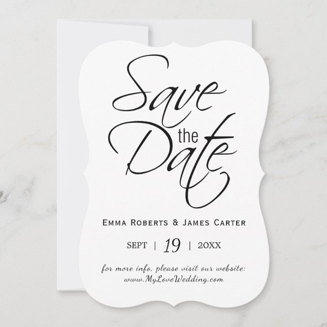Black Calligraphy Save the Date Card (Front)