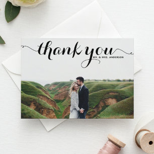Black Calligraphy Script Wedding Photo Thank You Postcard