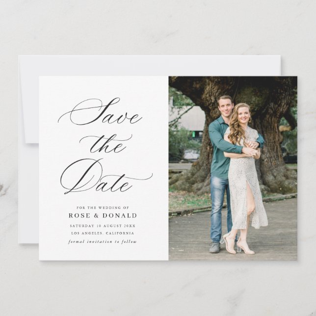 Black calligraphy script wedding save the date invitation (Front)