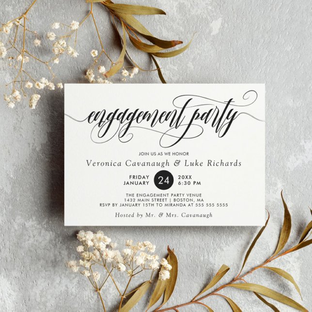 Black Calligraphy Swirls Engagement Party Invitation (Creator Uploaded)