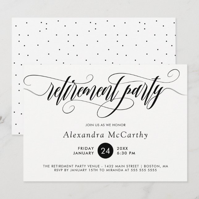 Black Calligraphy Swirls Retirement Party Invitation (Front/Back)