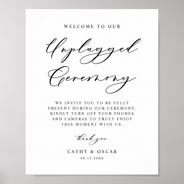 Black Calligraphy Unplugged Wedding Ceremony Poster (Front)