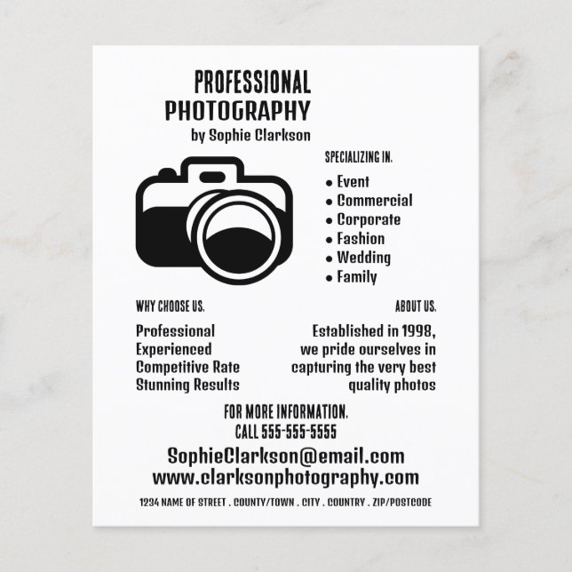Black Camera Icon, Photographer, Photography Hire Flyer (Front)
