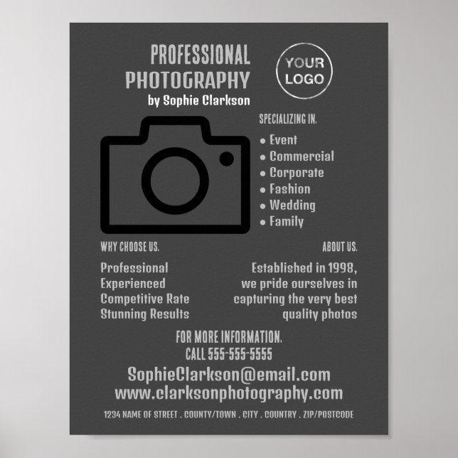 Black Camera Icon, Photographer, Photography Hire Poster (Front)