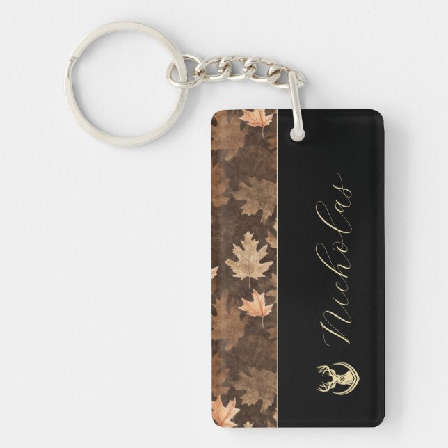 Black, Camo, and Gold Elegant Script Name Keychain (Front)